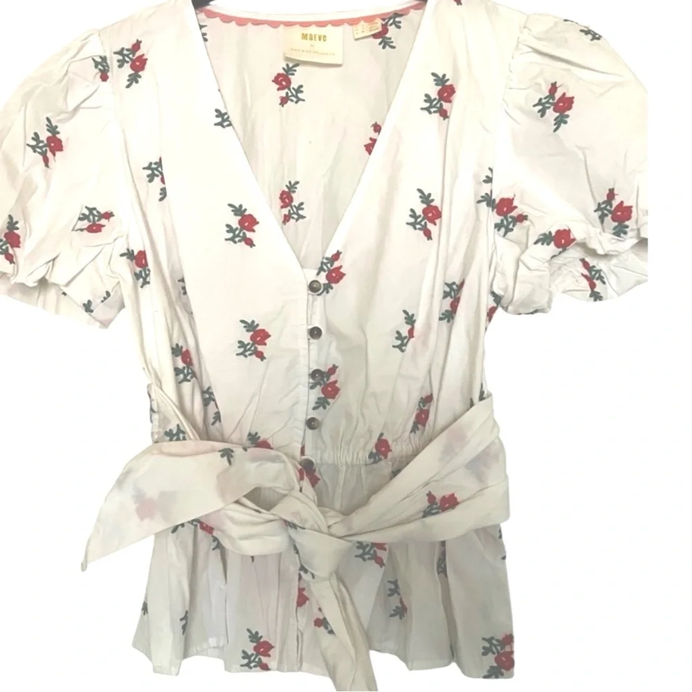 Anthropologie White Floral Tie-Waist Blouse with Red Roses